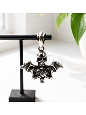 Winged Skull Pendant Stainless Steel 316L Gothic Antique-Style Charm 4.5cm X 4cm